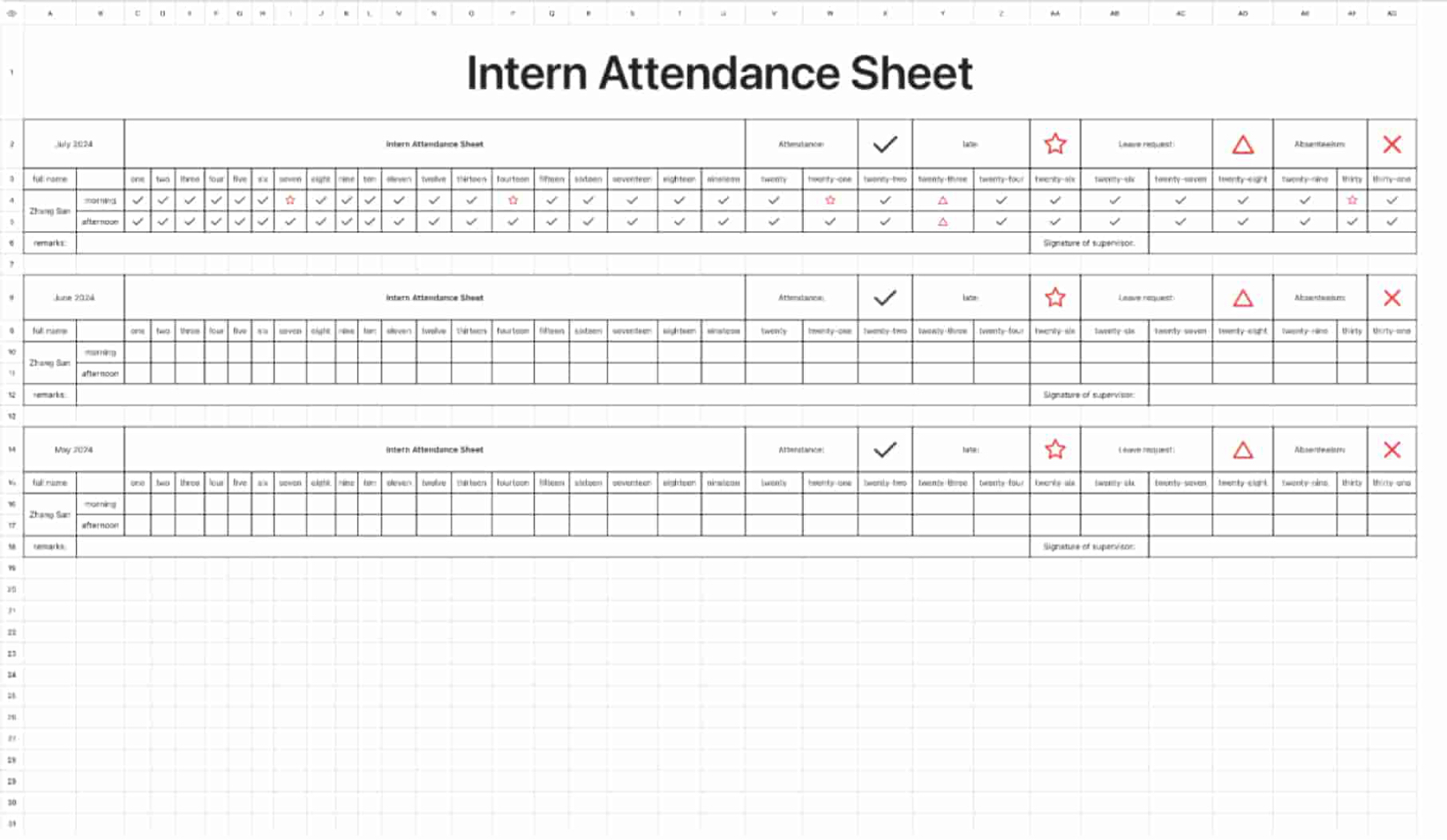 Intern's time sheet